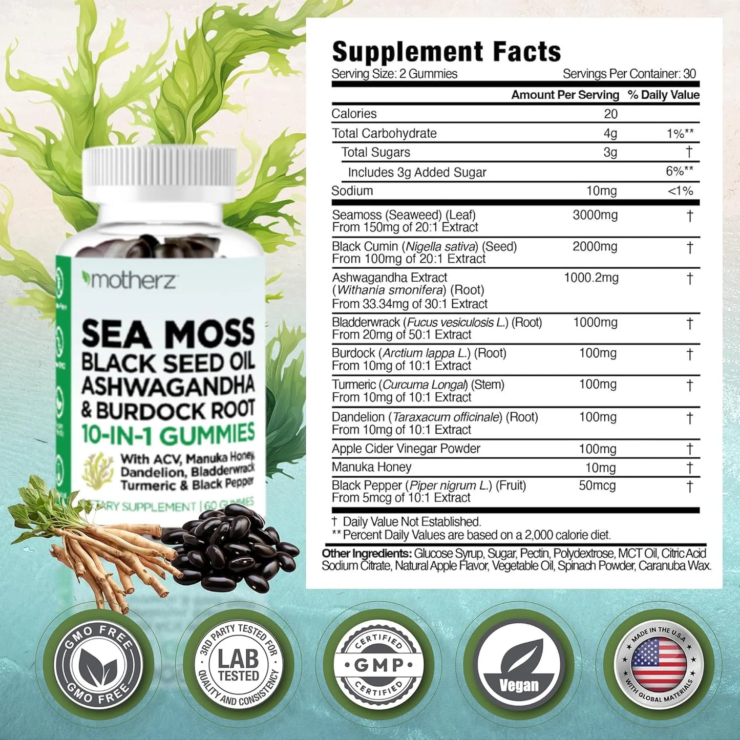 Sea Moss Black Seed Oil Ashwagandha 10-In-1 Wellness Gummy for Men Women & Children