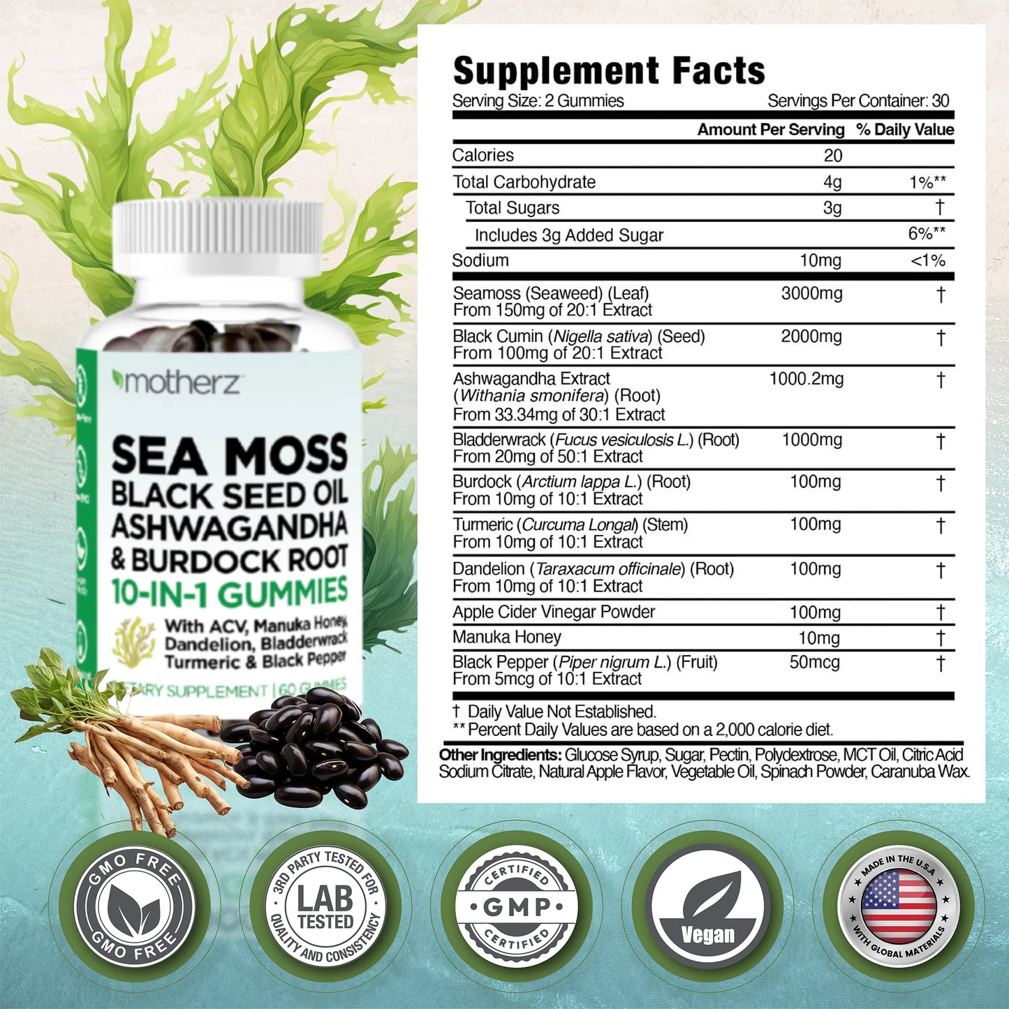 Sea Moss Black Seed Oil Ashwagandha 10-In-1 Wellness Gummy for Men Women & Children